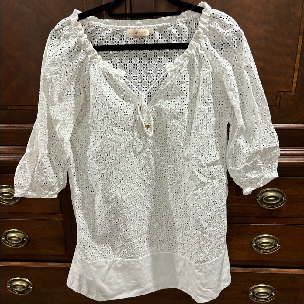 Tory Burch White Eyelet Cover Up Dress, size Small EUC